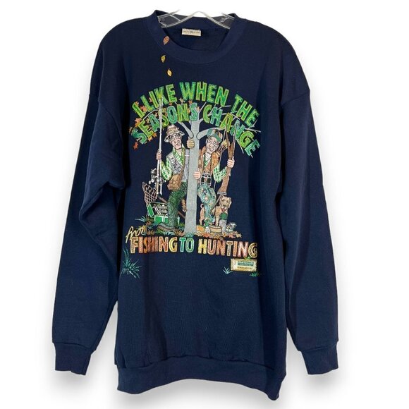 Vintage Fishing Hunting Sweatshirt Blue Novelty Art XL - Picture 1 of 8